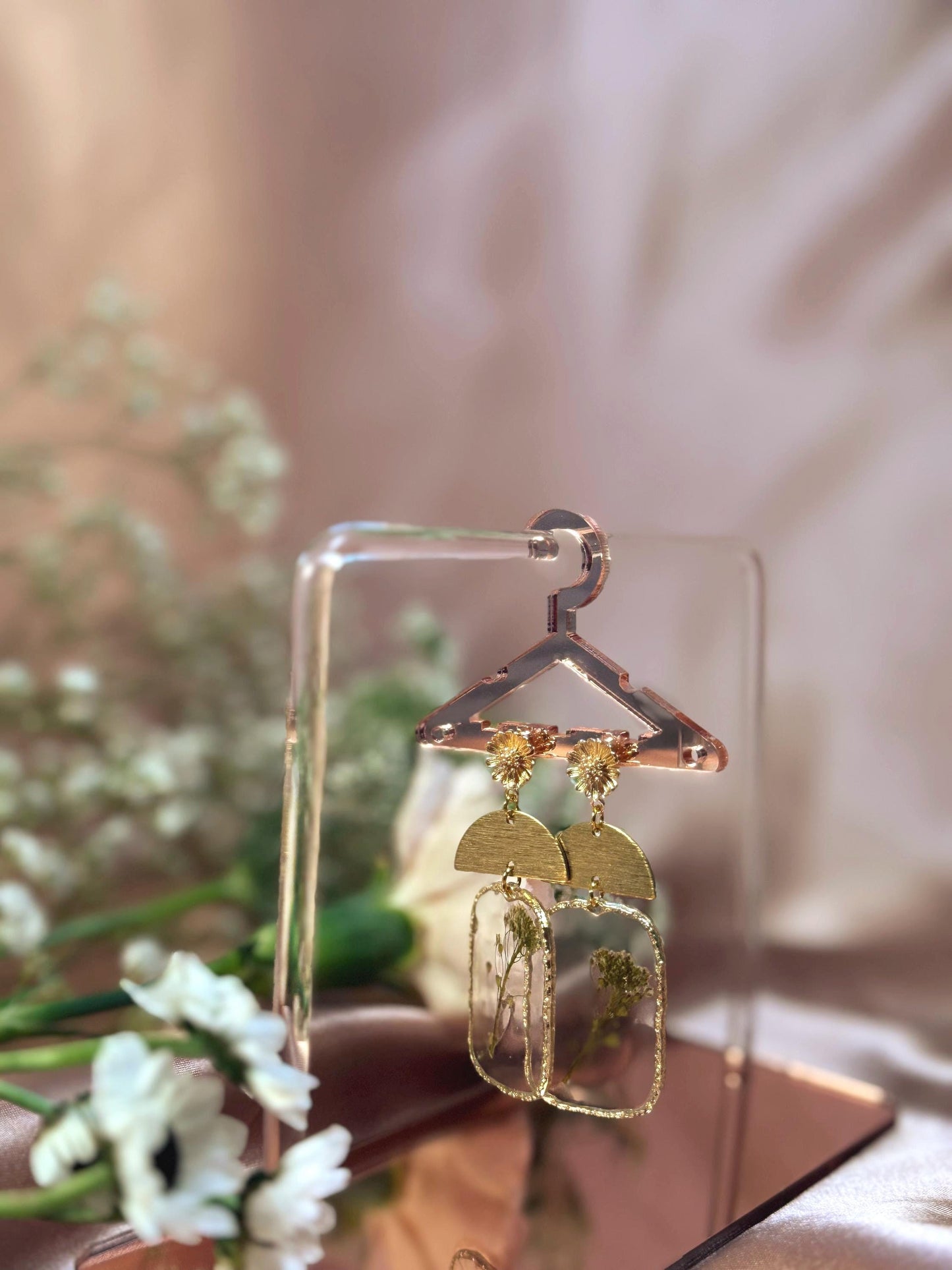 Golden Half Moon Botanical Earrings – Real Pressed Flowers – Hypoallergenic Findings – Handmade One of a Kind