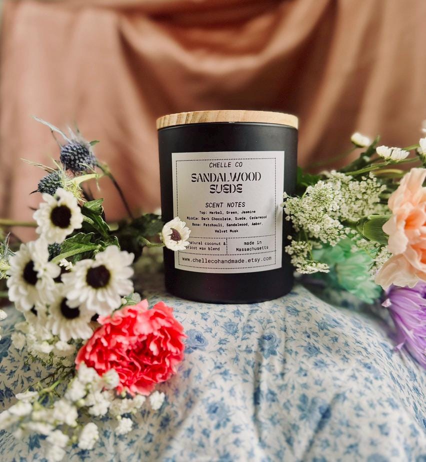 Sandalwood Suede Candle 14 oz – Toxin-Free Coconut Apricot Wax – Dark Chocolate, Cedarwood & Patchouli – Handmade in MA – Small Batch Luxury