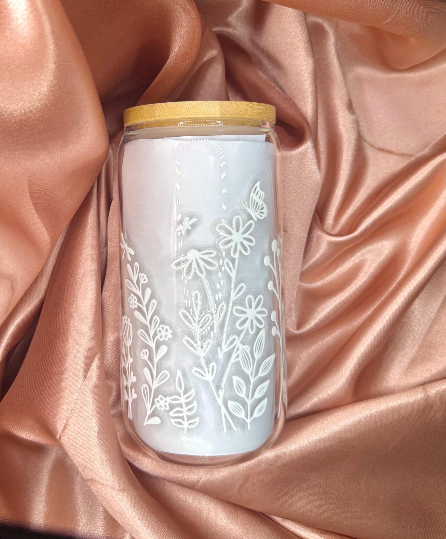 16 ounce glass cup, uv dtf white flower transfer