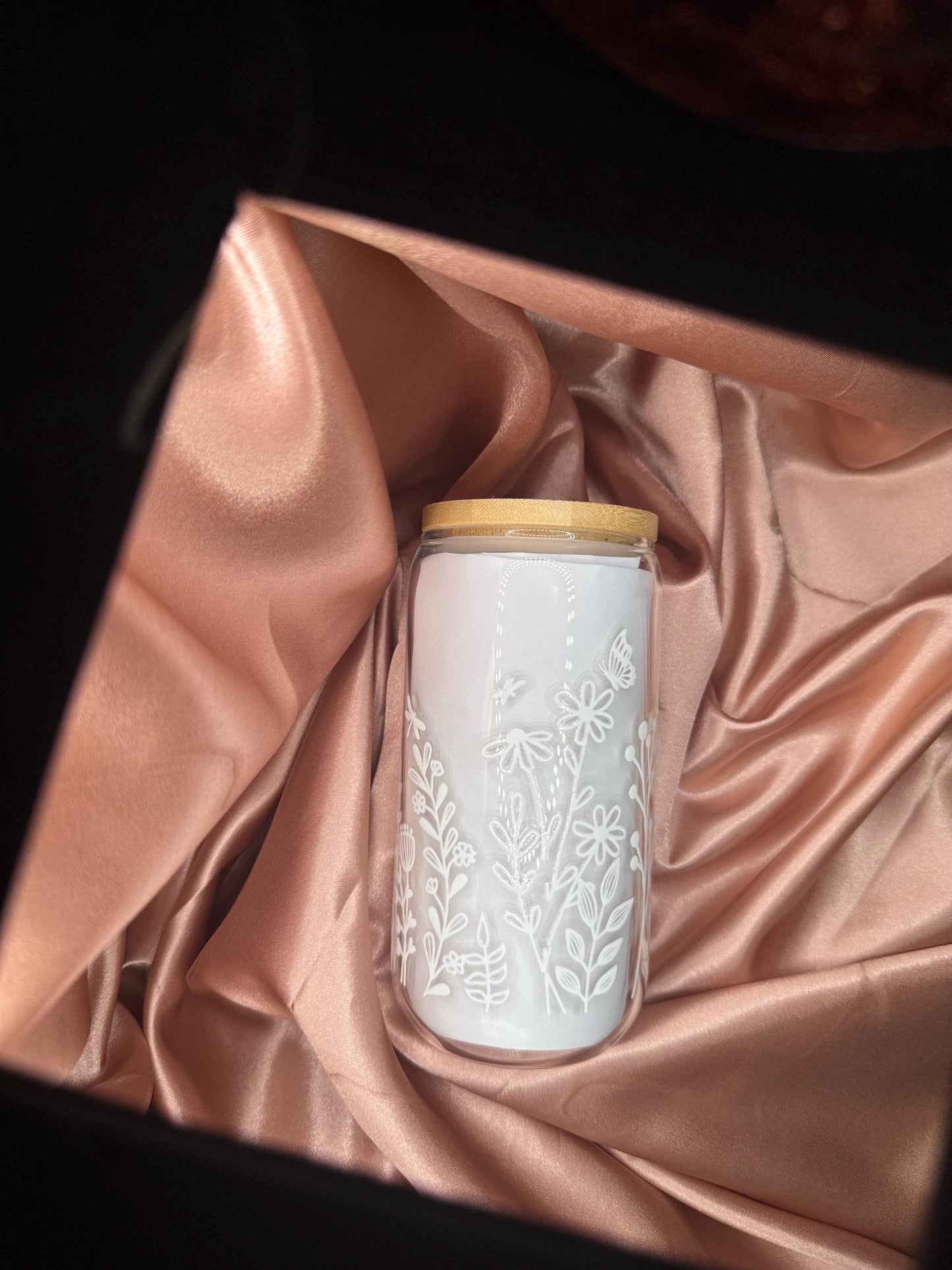 16 ounce glass cup, uv dtf white flower transfer
