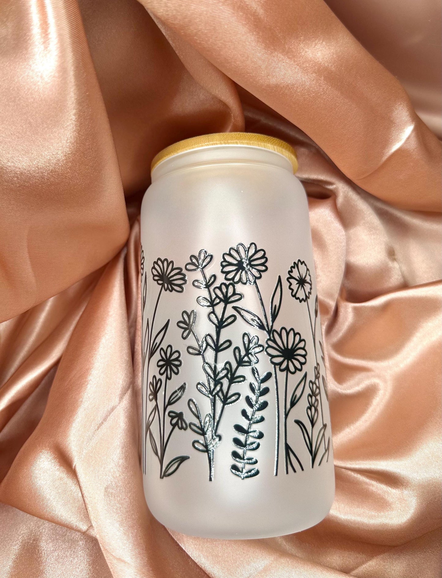 16 ounce glass cup, uv dtf black flower transfer
