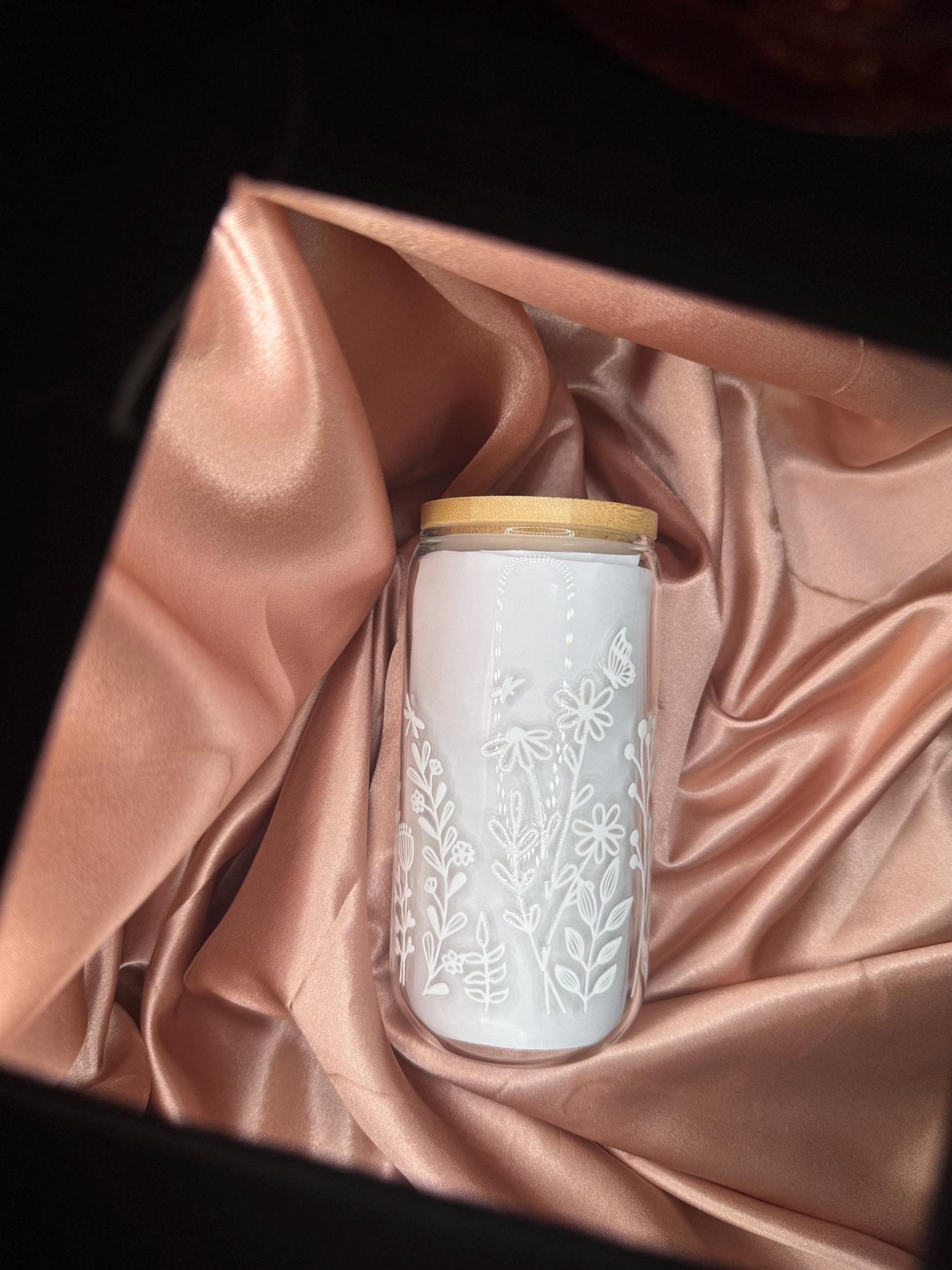 16 ounce glass cup, uv dtf white flower transfer