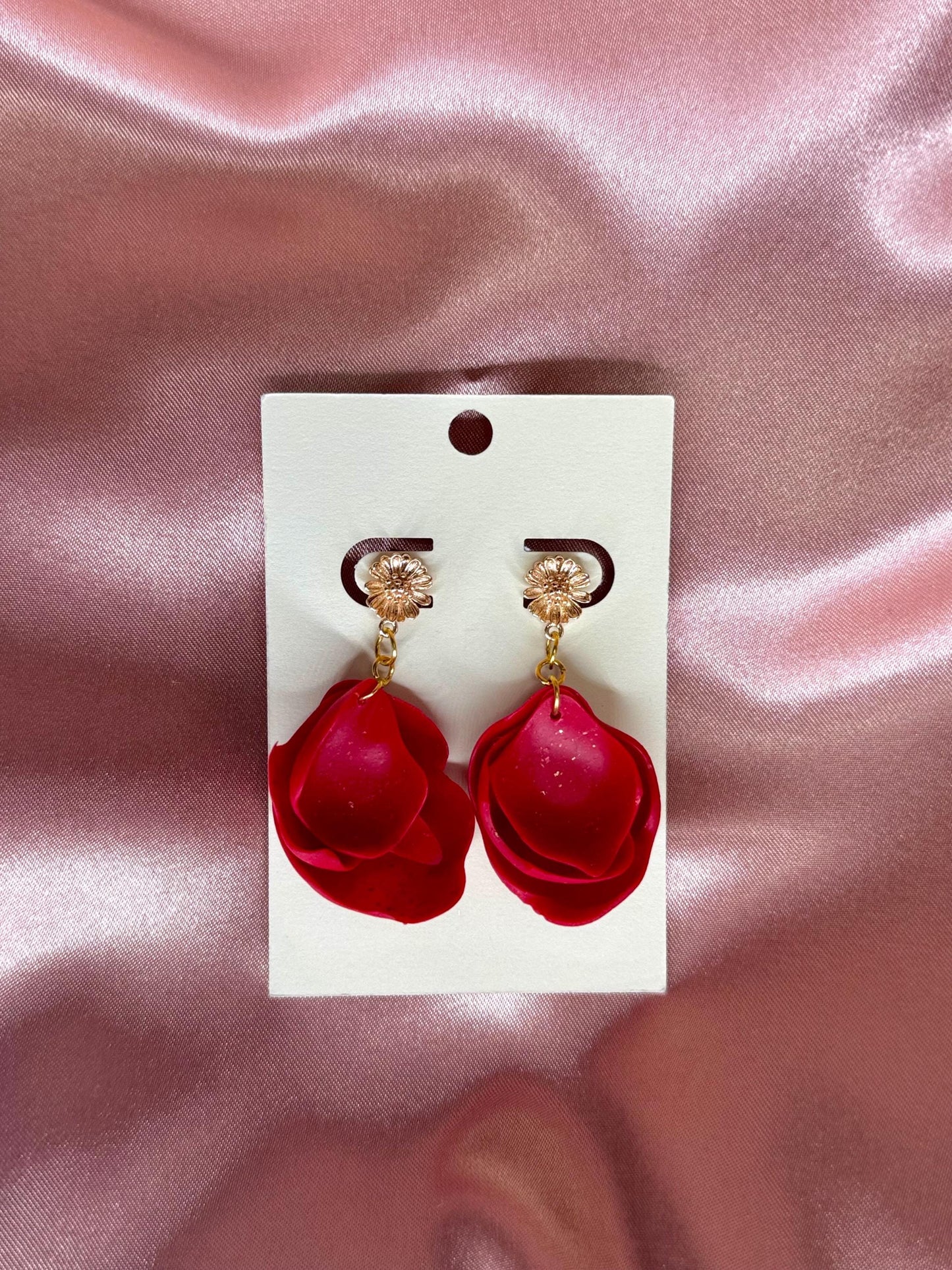 Red Petal Statement Earrings – Layered Floral Drop Design – Hypoallergenic – Handmade One of a Kind