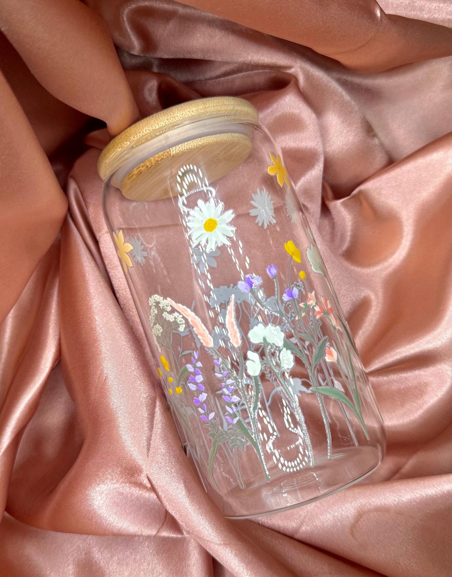 16 ounce glass cup, uv dtf spring flowers transfer