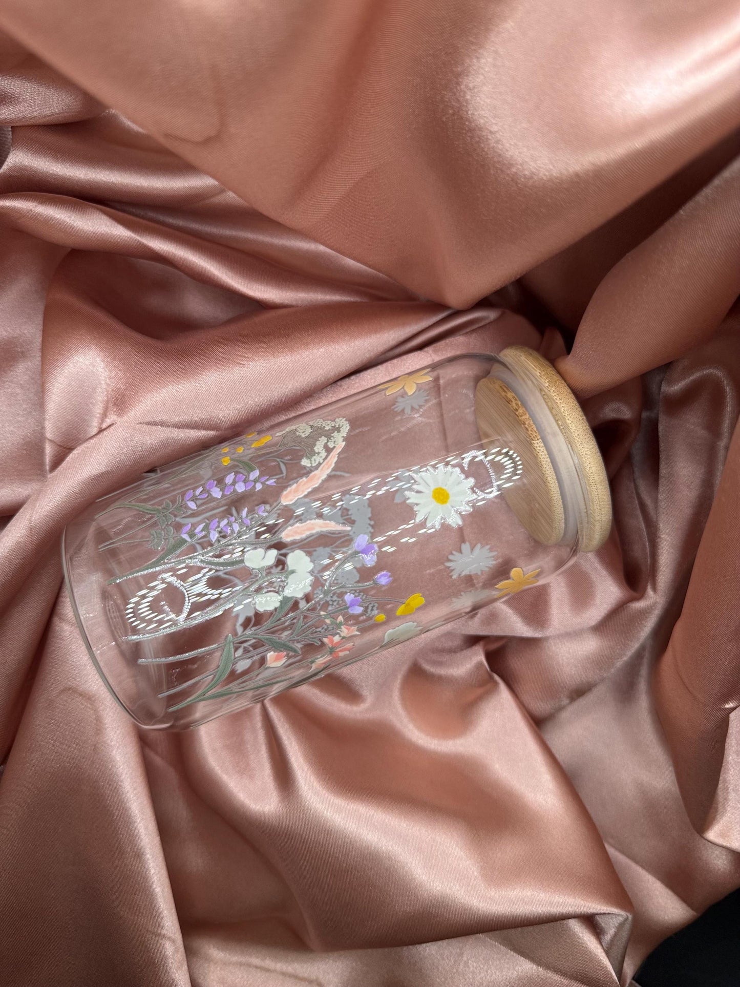 16 ounce glass cup, uv dtf spring flowers transfer