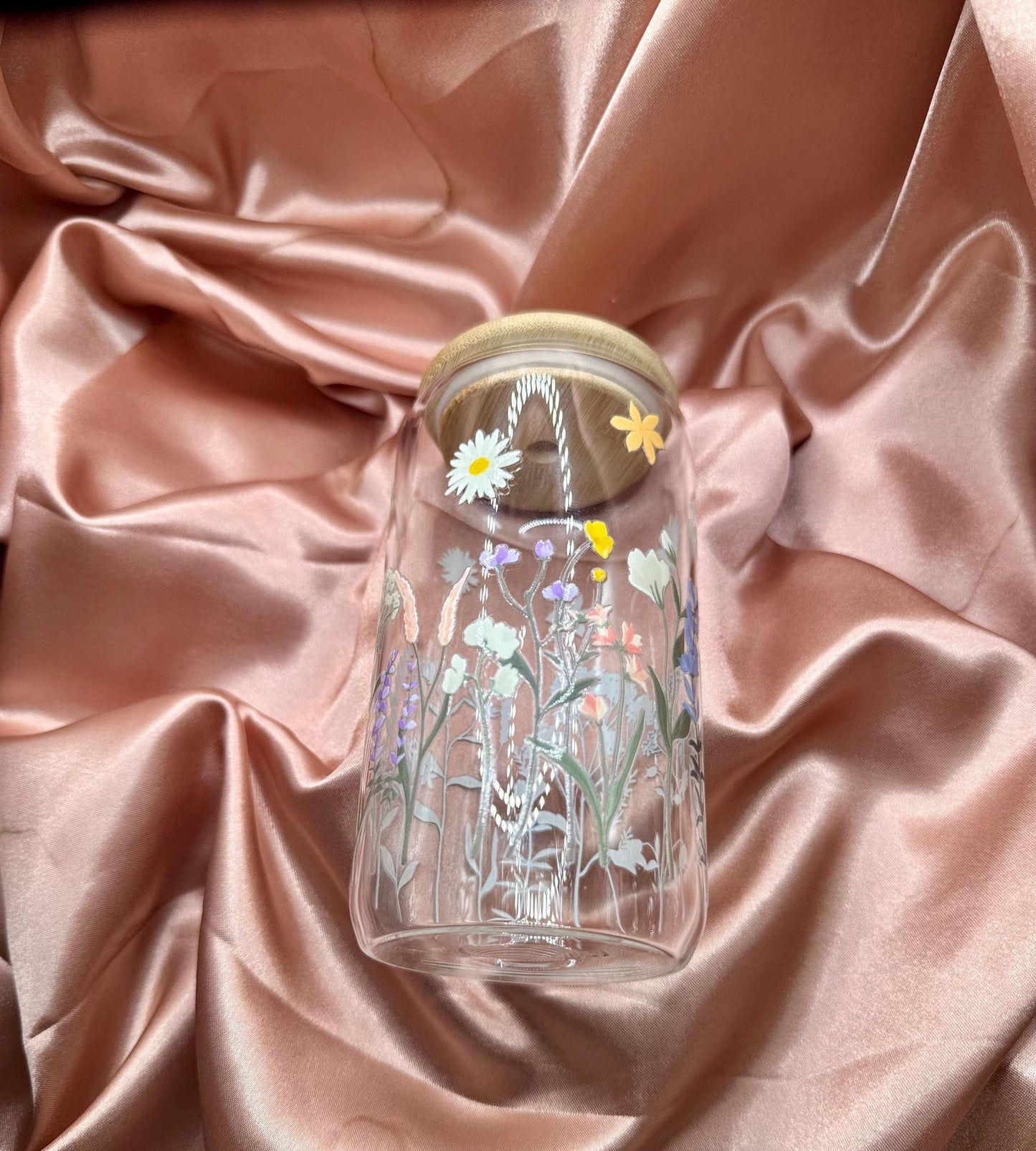 16 ounce glass cup, uv dtf spring flowers transfer