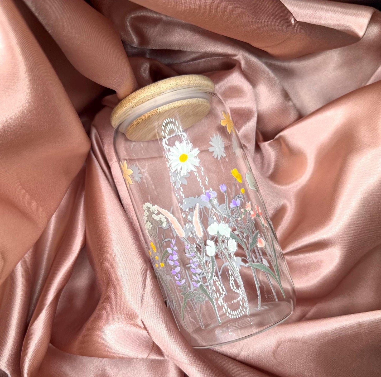 16 ounce glass cup, uv dtf spring flowers transfer