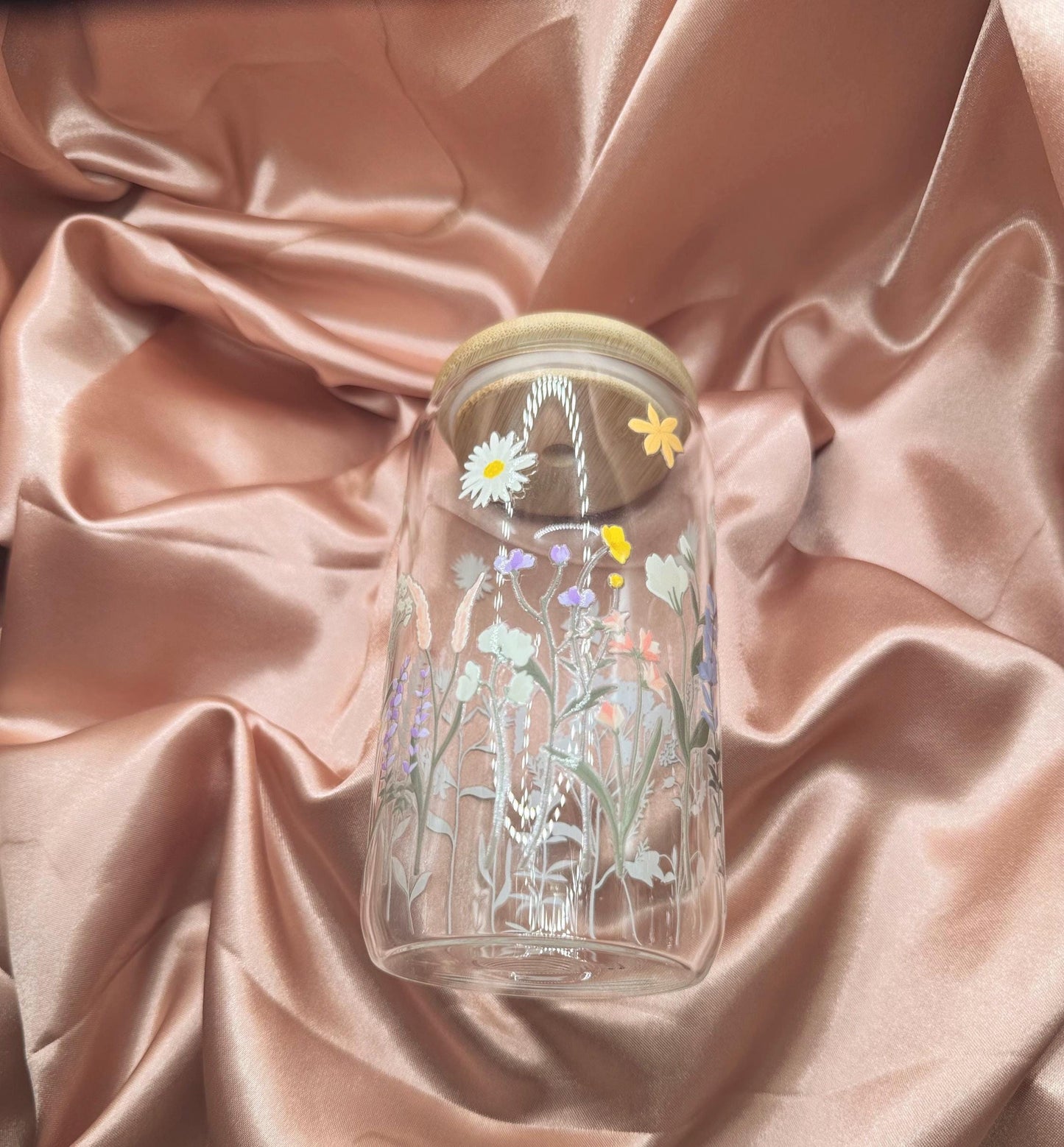 16 ounce glass cup, uv dtf spring flowers transfer