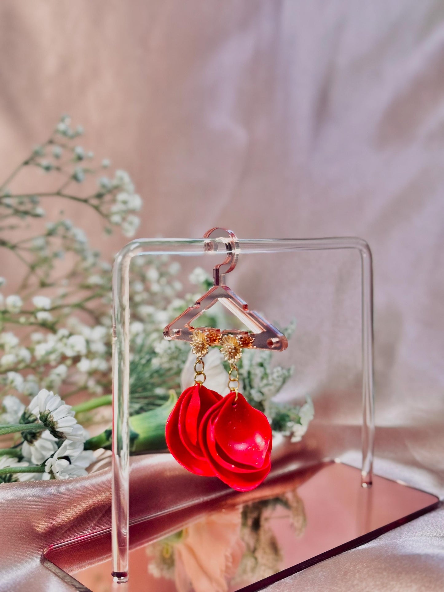 Red Petal Statement Earrings – Layered Floral Drop Design – Hypoallergenic – Handmade One of a Kind
