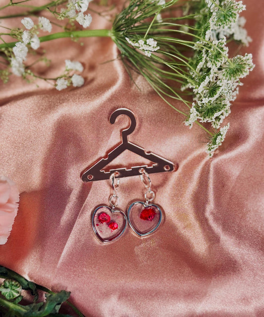 Heart Rose Petal Earrings – Real Dried Flowers in Resin – Silver Heart Dangle – Hypoallergenic – Handmade One of a Kind