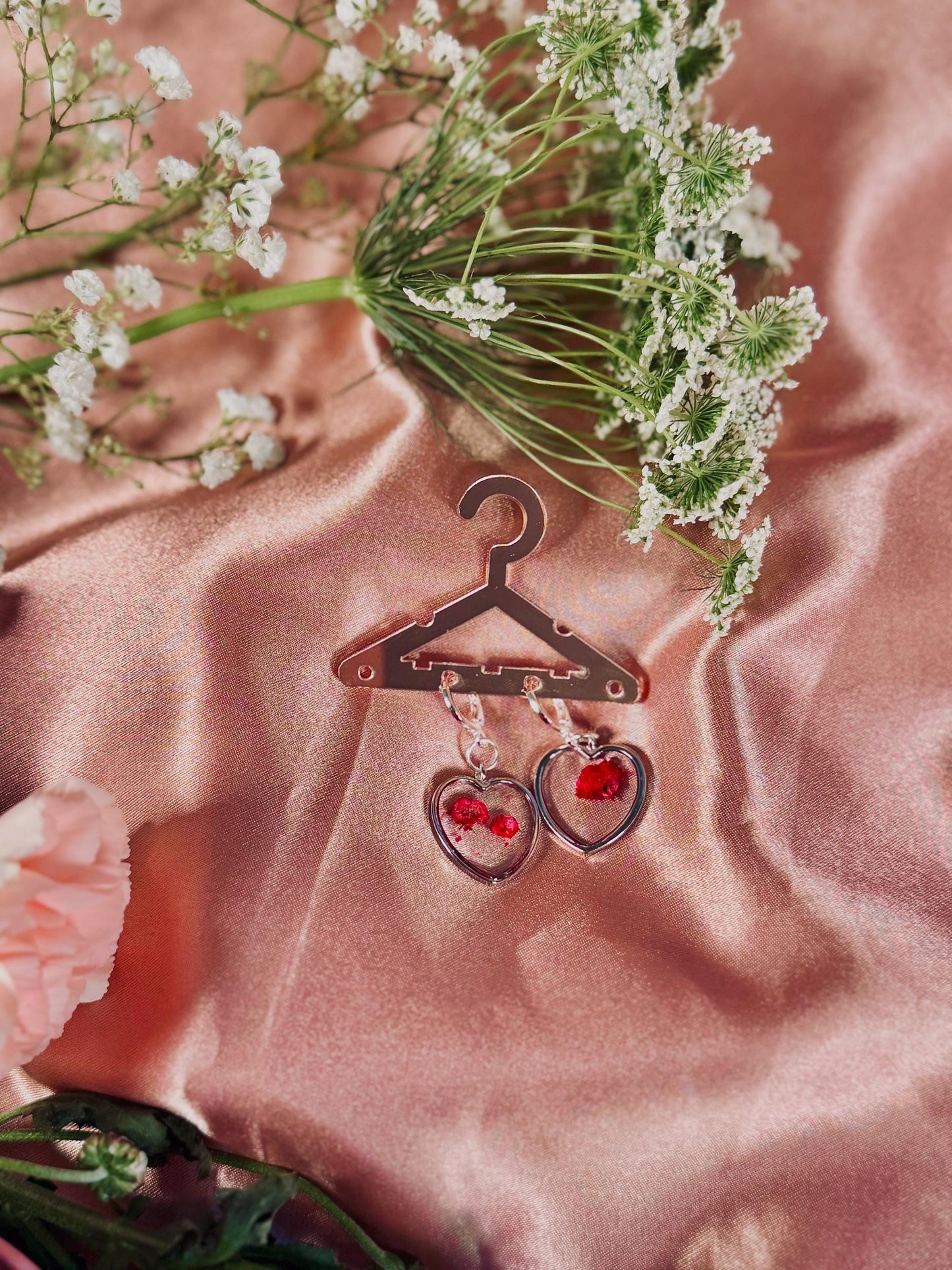 Heart Rose Petal Earrings – Real Dried Flowers in Resin – Silver Heart Dangle – Hypoallergenic – Handmade One of a Kind