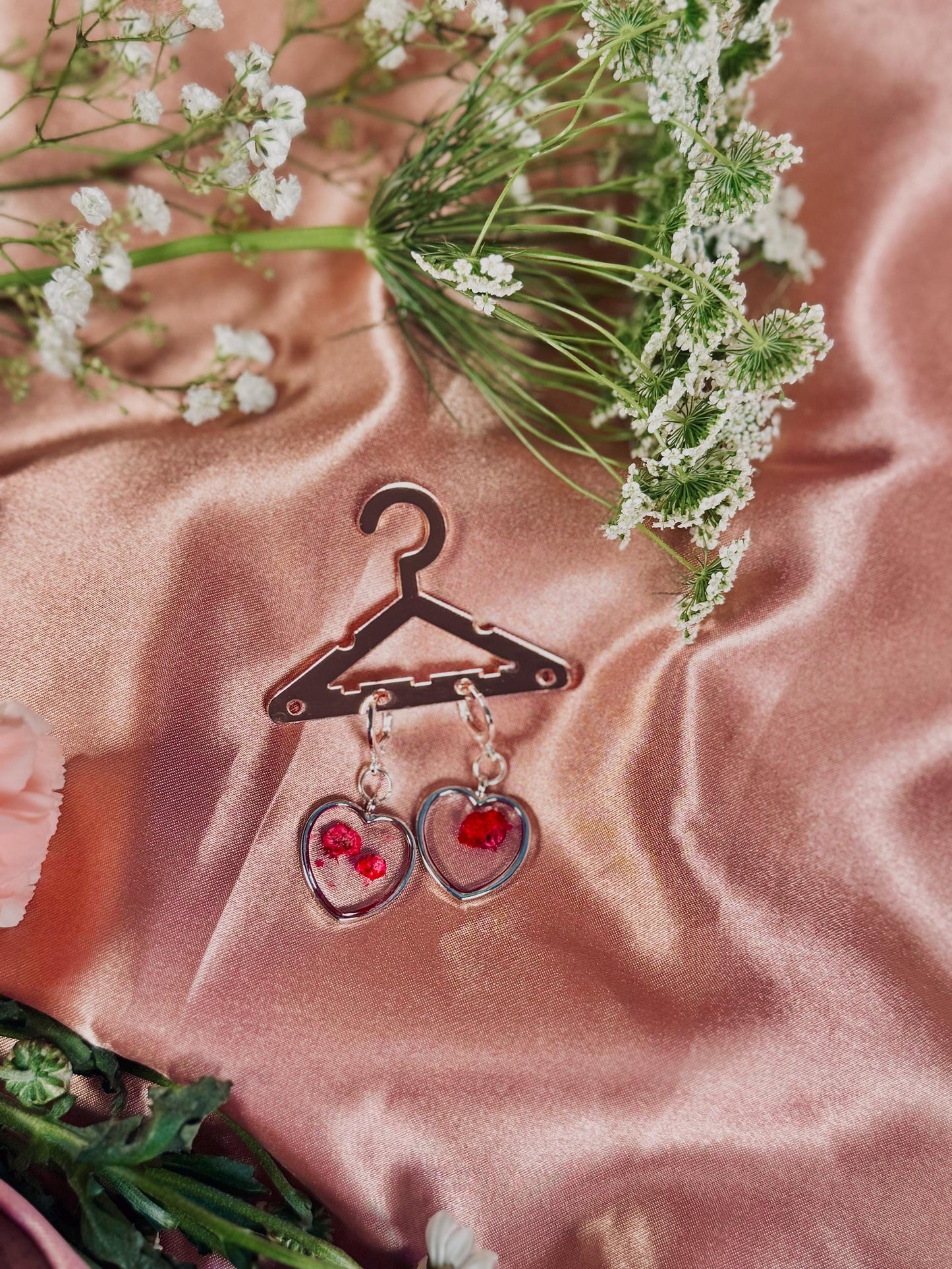 Heart Rose Petal Earrings – Real Dried Flowers in Resin – Silver Heart Dangle – Hypoallergenic – Handmade One of a Kind