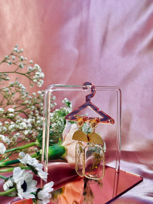 Golden Half Moon Botanical Earrings – Real Pressed Flowers – Hypoallergenic Findings – Handmade One of a Kind