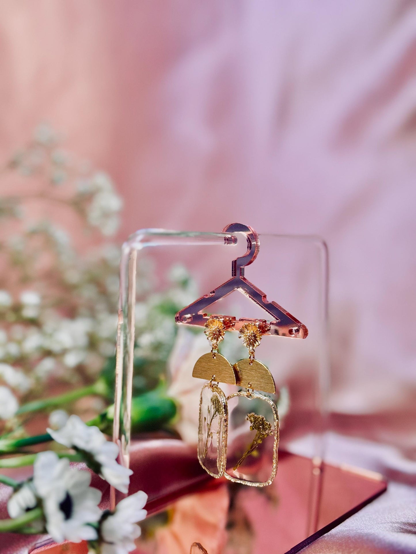 Golden Half Moon Botanical Earrings – Real Pressed Flowers – Hypoallergenic Findings – Handmade One of a Kind
