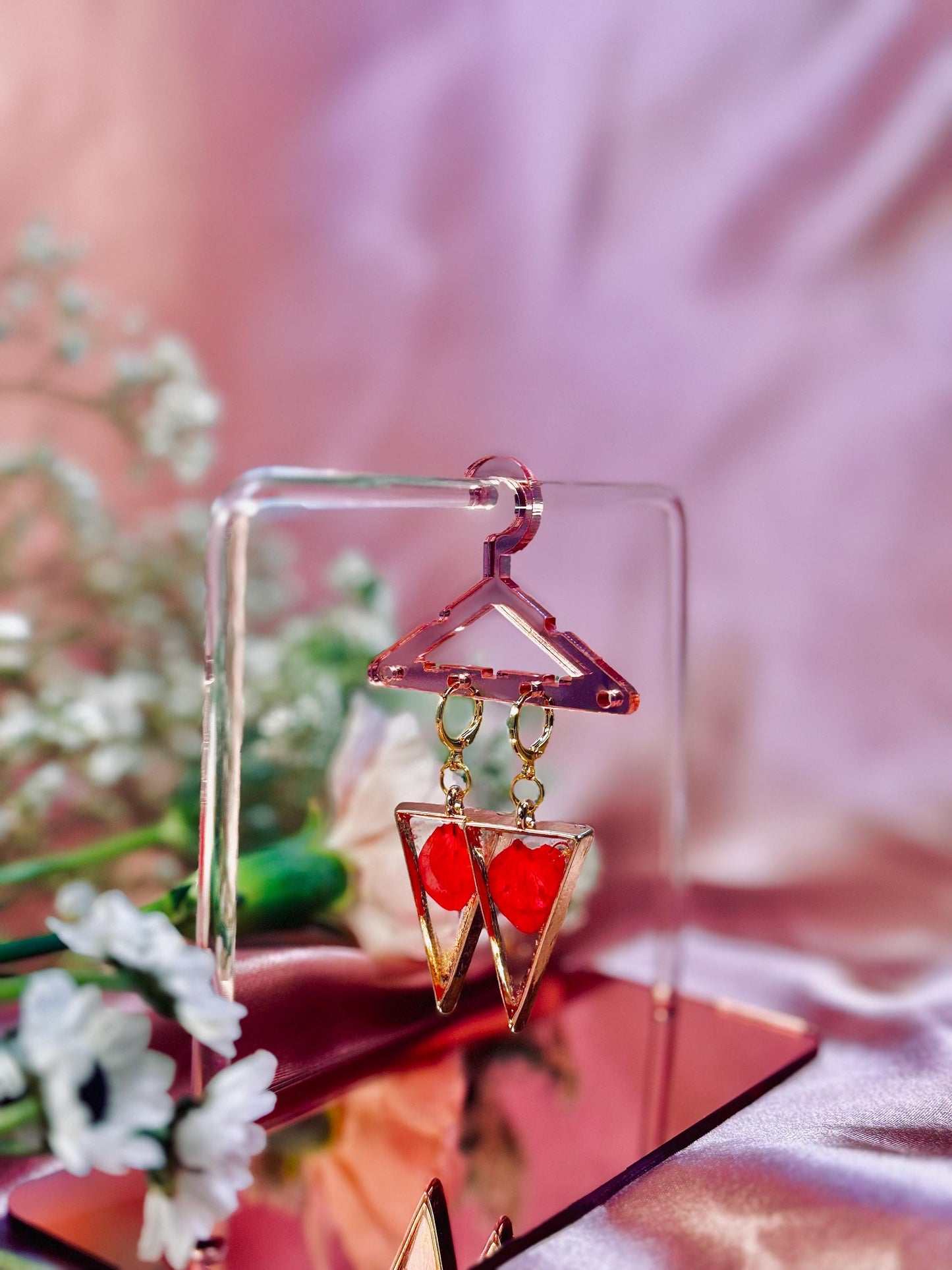 Red Triangle Resin Earrings – Real Petal Geometric Dangles – Hypoallergenic – Handmade One of a Kind