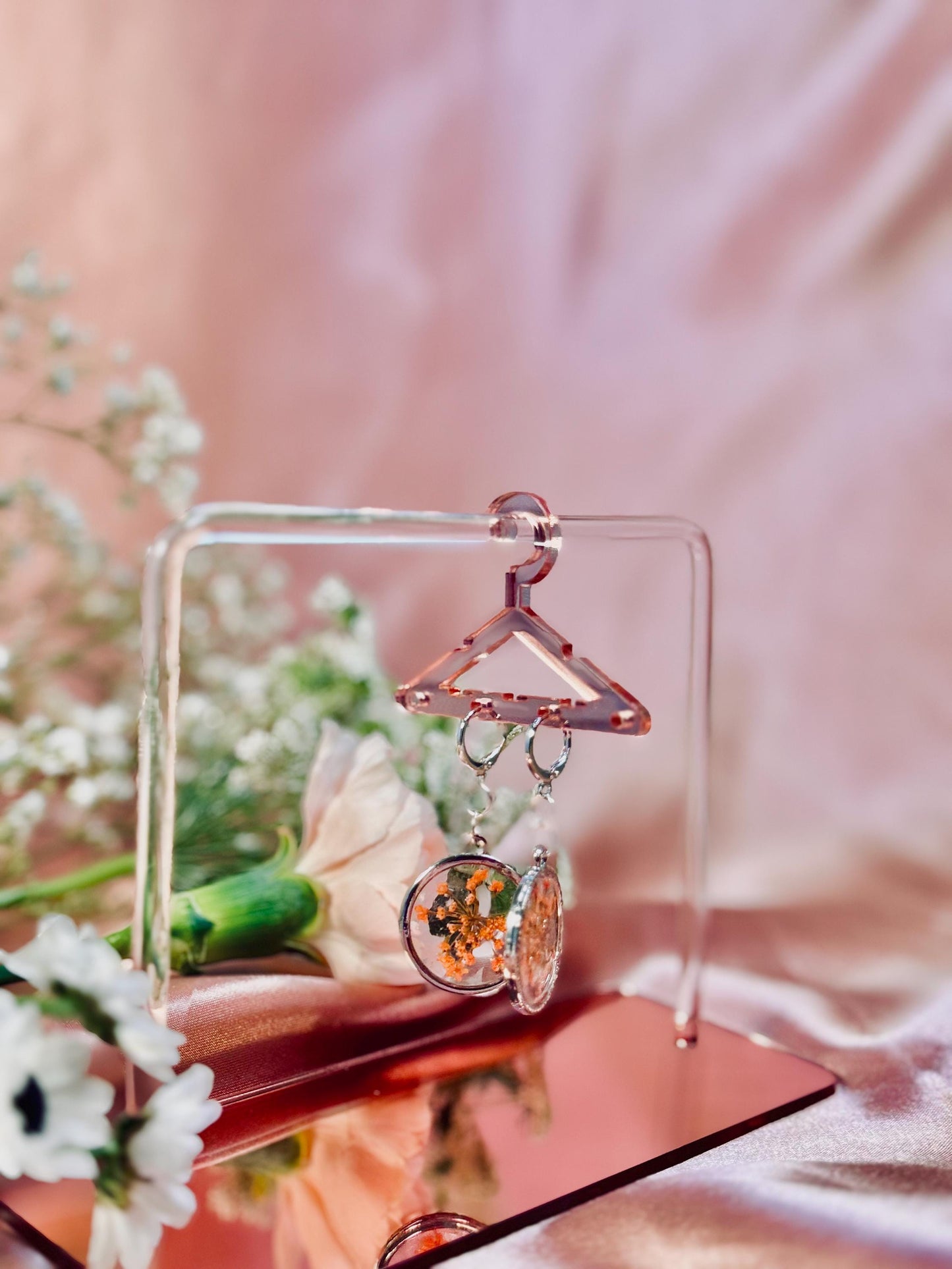 Orange Bloom Resin Earrings – Round Drop Florals – Hypoallergenic – One of a Kind Handmade Jewelry
