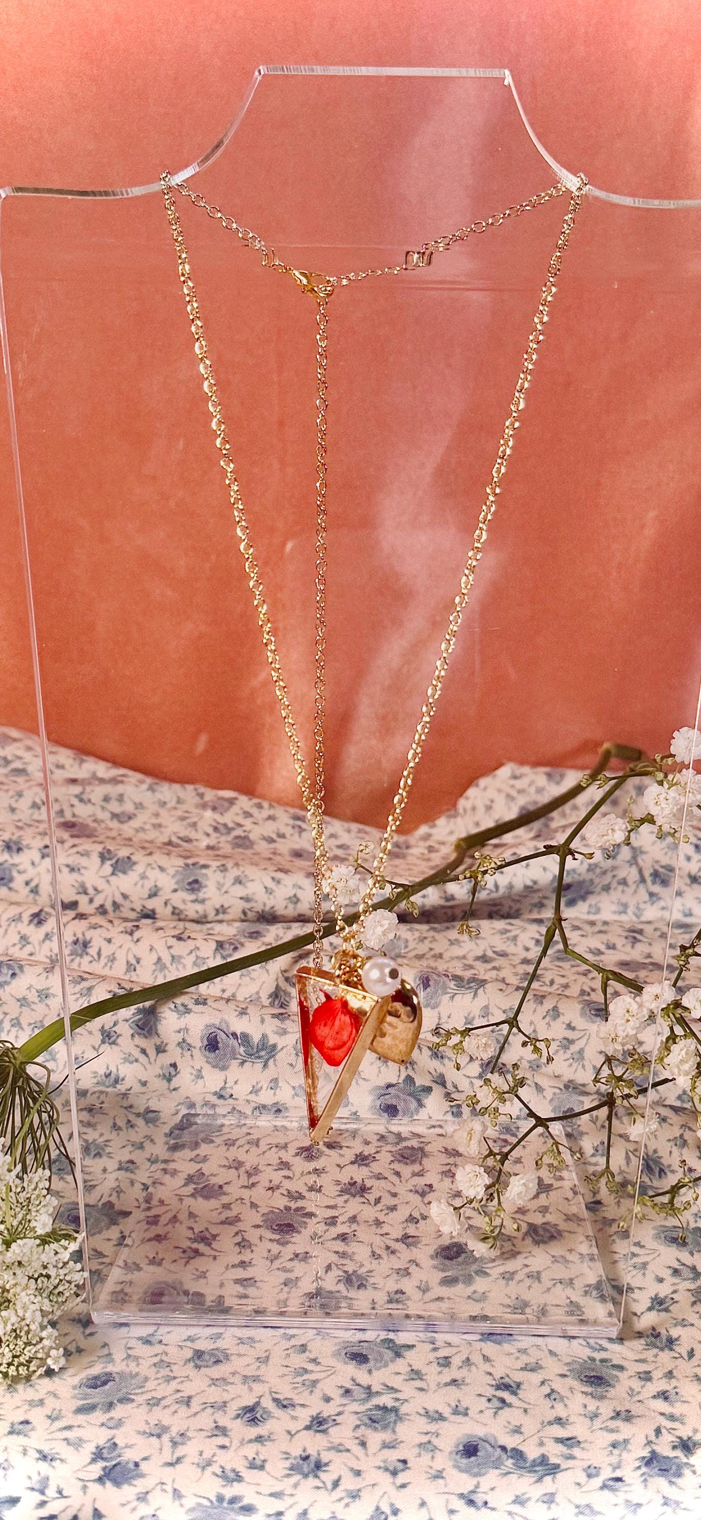Resin Dried Flower Necklace | Real Pressed Floral Pendant | Custom Length Chain | Handmade Nature Jewelry Gift