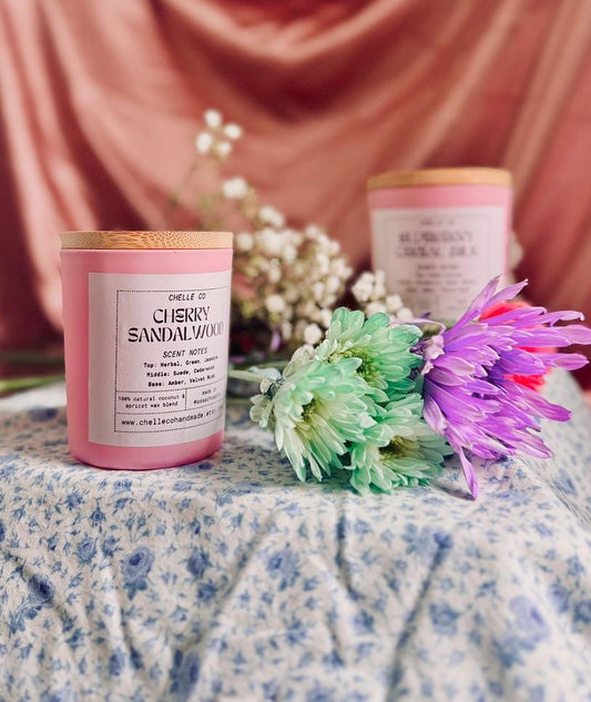 Cherry Sandalwood Candle 7 oz– Toxin-Free Coconut Apricot Wax – Suede, Jasmine, Amber Notes – Handmade in Massachusetts – Clean Luxury Scent