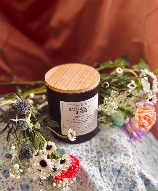 Sandalwood Suede Candle 14 oz – Toxin-Free Coconut Apricot Wax – Dark Chocolate, Cedarwood & Patchouli – Handmade in MA – Small Batch Luxury