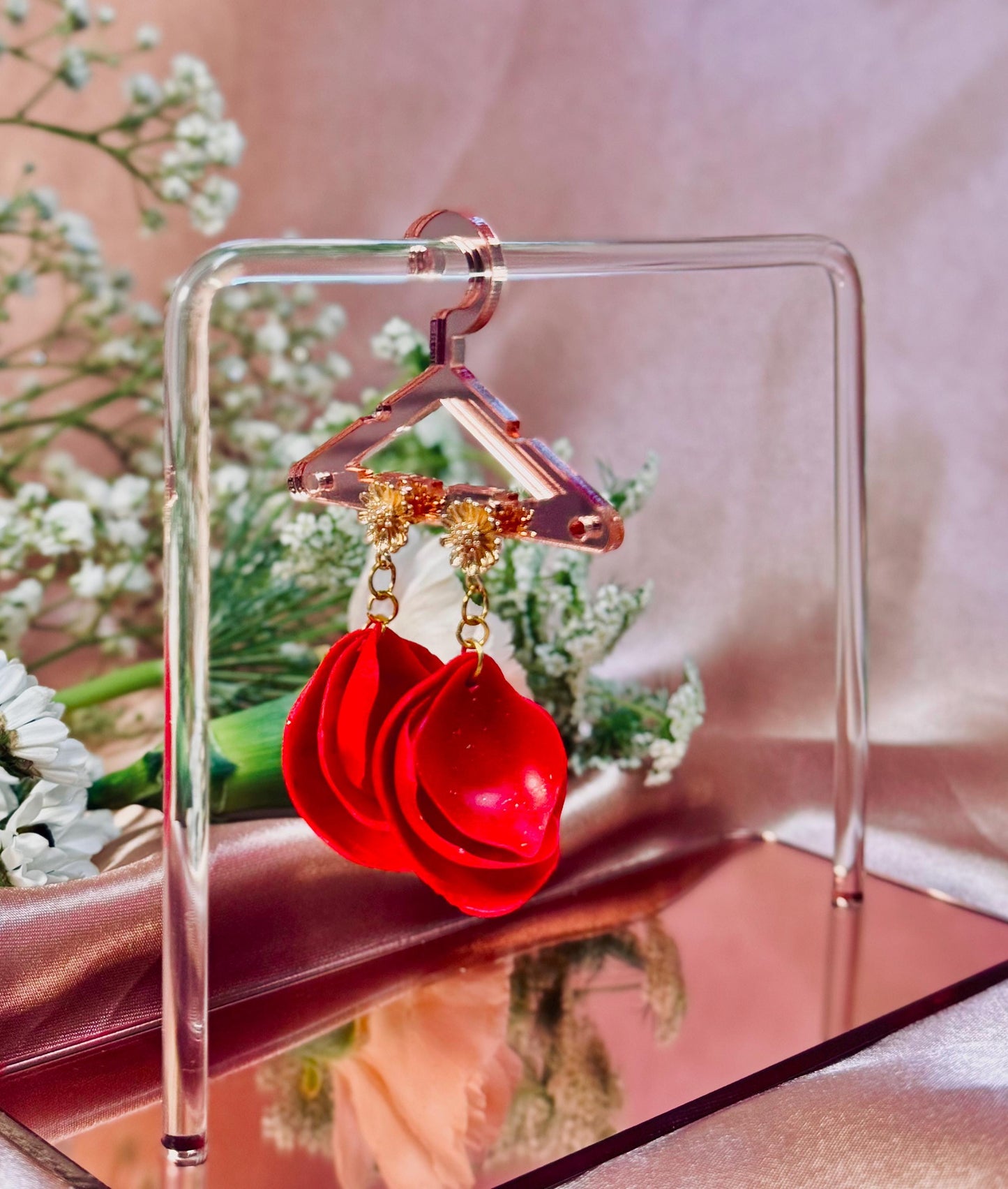 Red Petal Statement Earrings – Layered Floral Drop Design – Hypoallergenic – Handmade One of a Kind