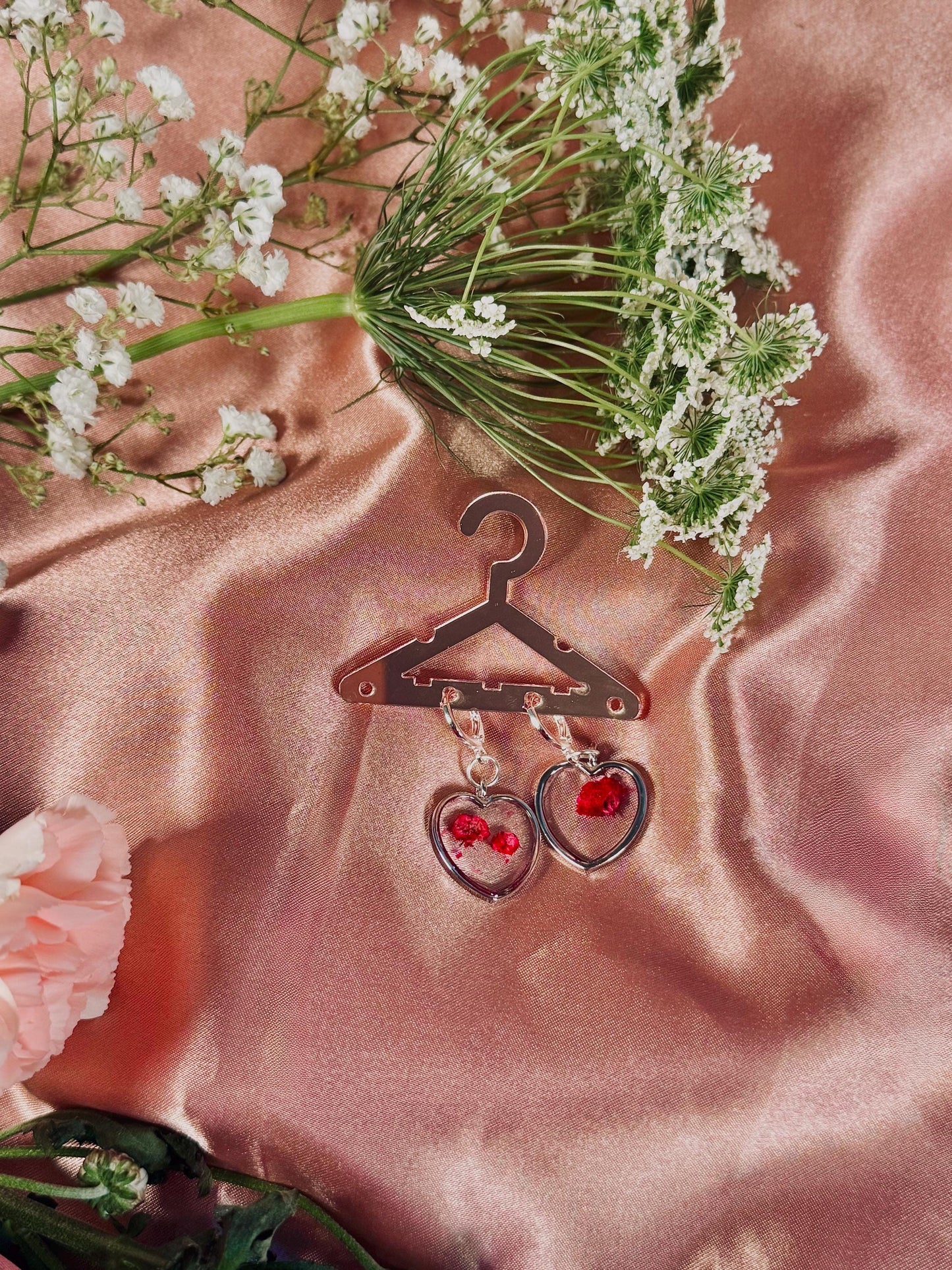 Heart Rose Petal Earrings – Real Dried Flowers in Resin – Silver Heart Dangle – Hypoallergenic – Handmade One of a Kind