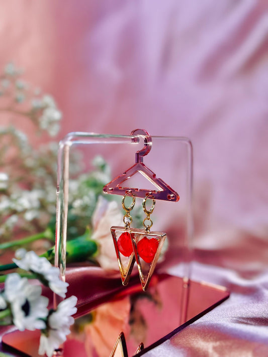 Red Triangle Resin Earrings – Real Petal Geometric Dangles – Hypoallergenic – Handmade One of a Kind