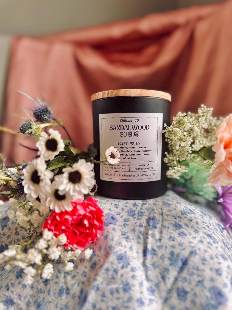 Sandalwood Suede Candle 14 oz – Toxin-Free Coconut Apricot Wax – Dark Chocolate, Cedarwood & Patchouli – Handmade in MA – Small Batch Luxury