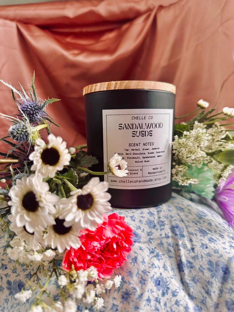 Sandalwood Suede Candle 14 oz – Toxin-Free Coconut Apricot Wax – Dark Chocolate, Cedarwood & Patchouli – Handmade in MA – Small Batch Luxury