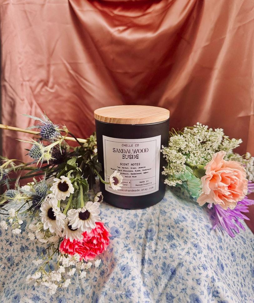 Sandalwood Suede Candle 14 oz – Toxin-Free Coconut Apricot Wax – Dark Chocolate, Cedarwood & Patchouli – Handmade in MA – Small Batch Luxury